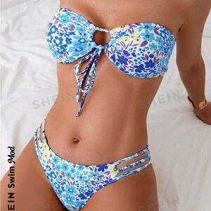 Shein Women’s beach floral print strapless bandeau bikini set
